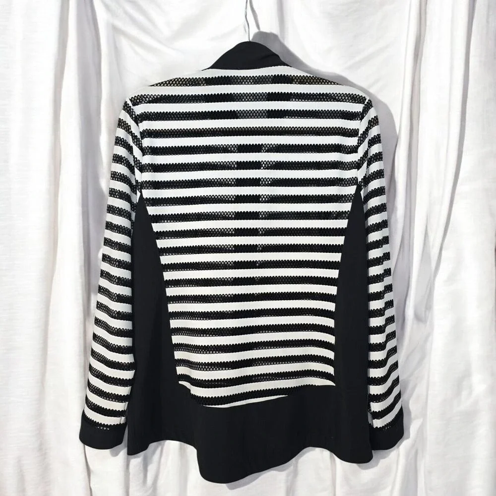 Weekends by Chico's Blazer Jacket Women Medium Full Zip‎ Black Striped Nautical